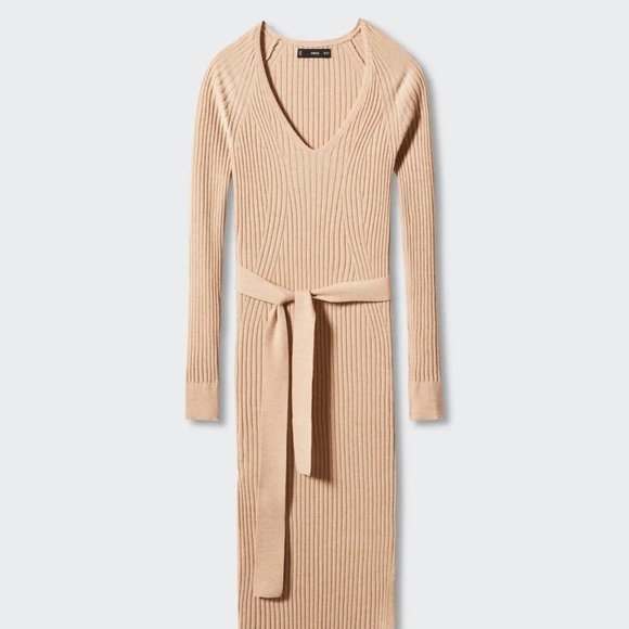 ASOS Mango Bow embellished Dress knitted Ribbed Midi belted Cream tan camel Sz L - Picture 2 of 16